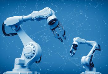 Robotic arms, factory 4.0 and technology background.